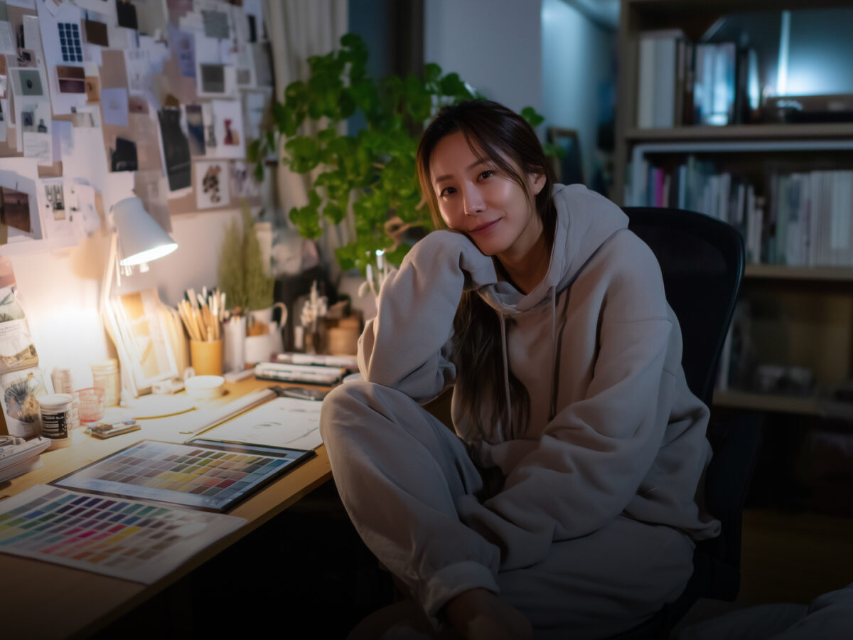 책상위에 컬러표를 펼쳐두고 카메라를 응시하는 한국인 여자