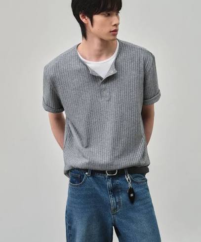 리브드 스냅 헨리넥 크롭 후드 티셔츠 멜란지 그레이