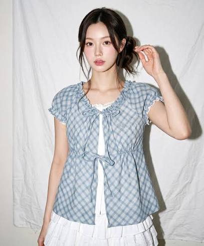 체크 블라우스 블루 프릴